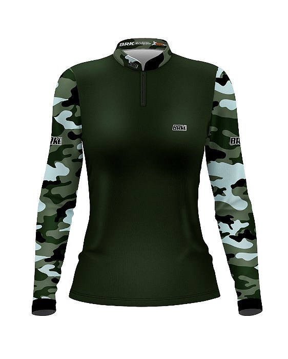 Camisa de Pesca BRK Feminina Camuflada Verde Escuro com UV50 +