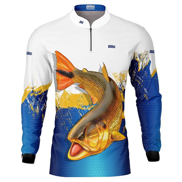 Camisa de Pesca BRK Azul e Amarelo Peixe Dourado com UV50 +