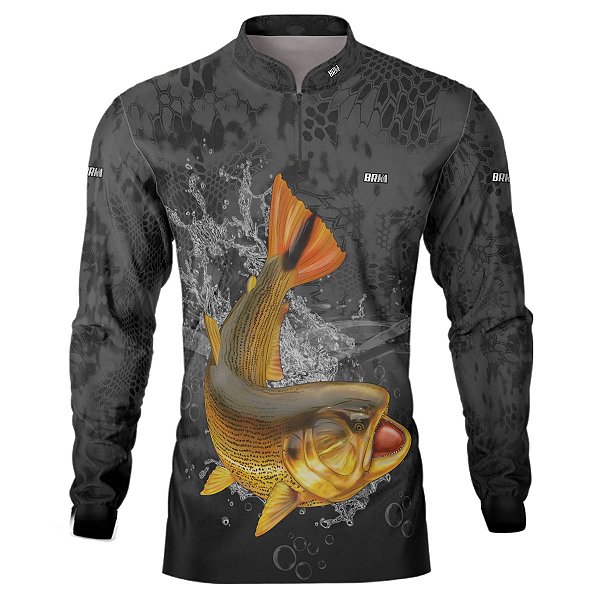 Camisa de Pesca BRK Preta Escama Peixe Dourado com UV50 +