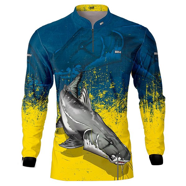 Camisa de Pesca BRK Masculina Azul e Amarelo Piraíba com UV50 +