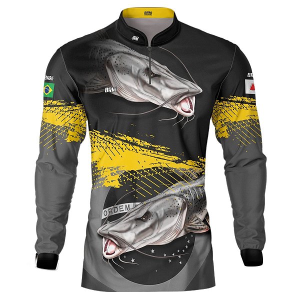 Camisa de Pesca BRK Preto e Amarelo Peixe Pintado com UV50 +