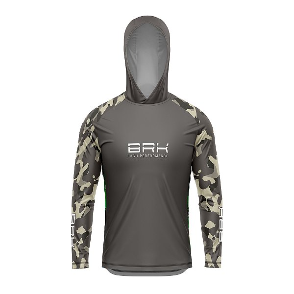 Camisa de Pesca com Capuz  BRK Camuflada Cinza Verde com UV50 +