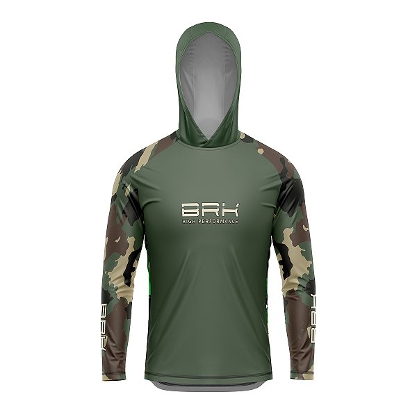 Camisa de Pesca com Capuz BRK Verde Camuflada com UV50 +