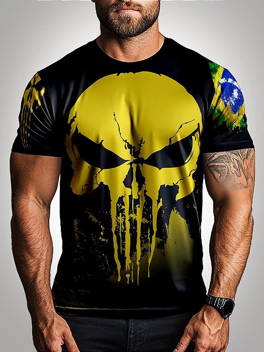 Camiseta Casual Brk Brasil Caveira Amarela com UV 50+