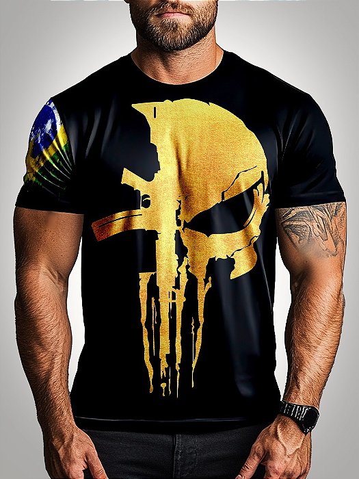 Camiseta Militar BRK Masculina  Caveira Brasil Fuzil com Proteção Solar UV50+