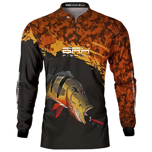 Camisa de Pesca Preta e Laranja Camo BRK Tucunaré Açu com UV50+