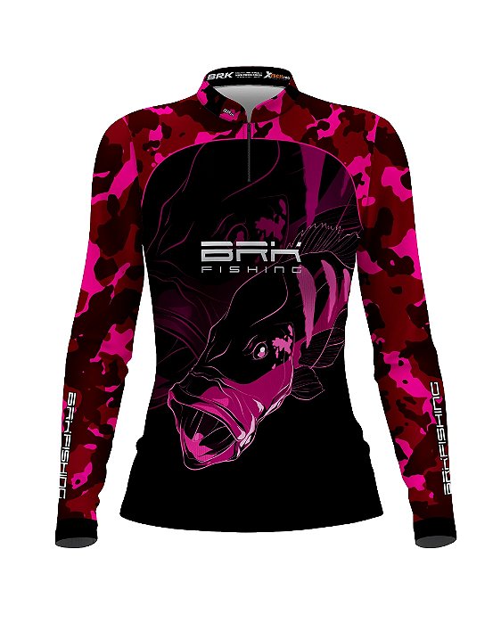 Camisa de Pesca Feminina Preta e Rosa BRK Tucunaré com UV50+