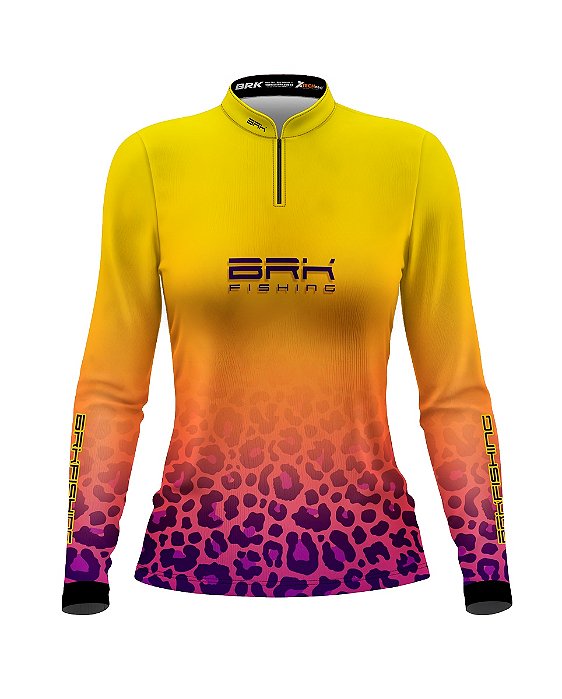 Camisa de Pesca Feminina BRK Fishing Onça Amarelo e Roxo com Proteção UV50+