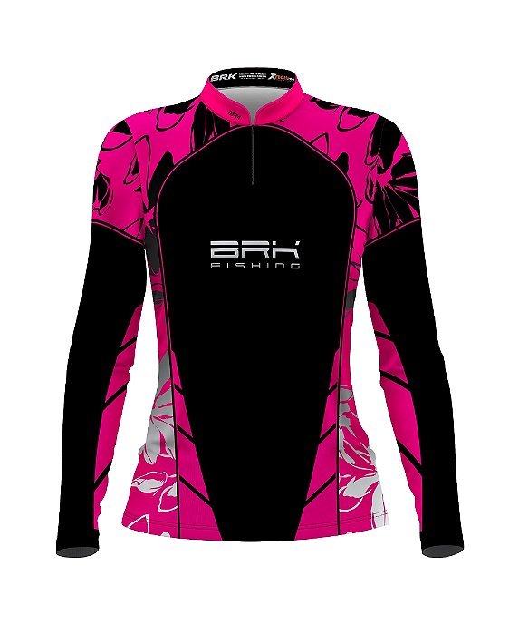 Camisa de Pesca Feminina BRK Preta e Rosa Florida com UV50+