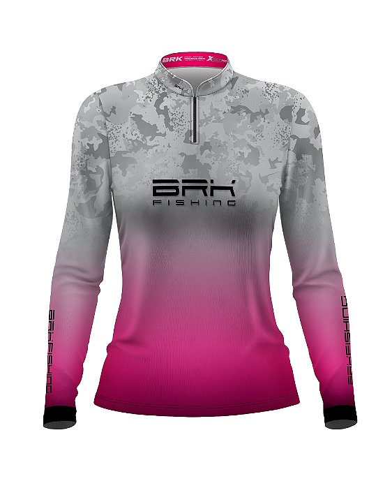 Camisa de Pesca Feminina BRK Branca e Rosa Camuflada com UV50+