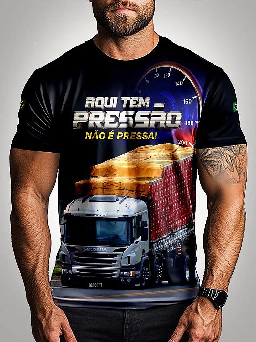 Camiseta de Caminhão Brk Caminhoneiro Aqui Tem Pressão com Proteção Solar UV50+