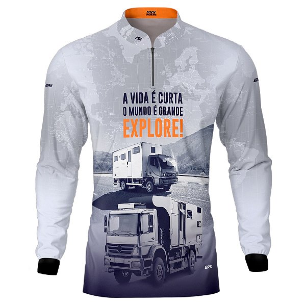 Camisa de Caminhão Brk Off Road Motorhome Explore Branca Com UV50+