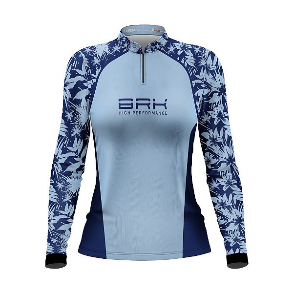 Camisa de Pesca Feminina Brk Básica Floral Azul Claro com Proteção Solar UV50+