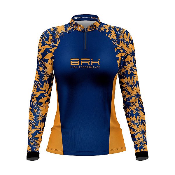 Camisa de Pesca Brk Básica Floral Mostarda com Proteção UV50+