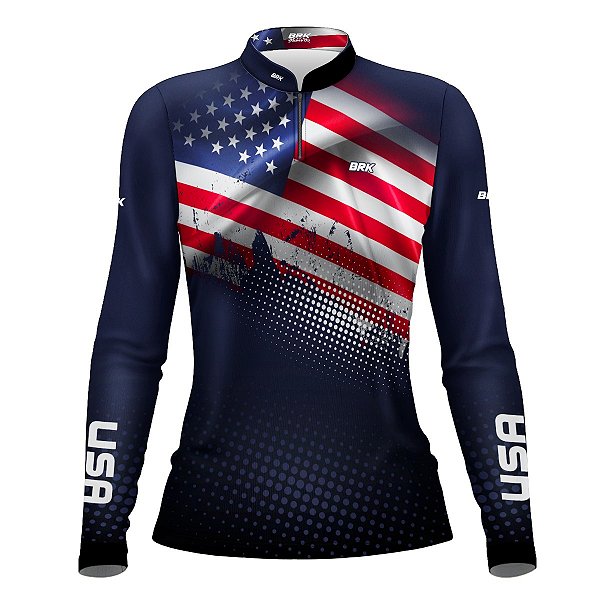 Camisa de Pesca Feminina Brk Bandeira Estados Unidos com Proteção Solar UV50+