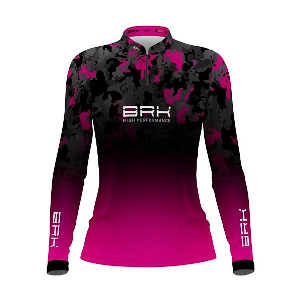 Camisa Agro Brk Feminina Preta e Rosa com Proteção Solar UV50+