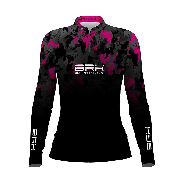 Camisa Agro Brk Feminina Camuflada Preta e Rosa com Proteção Solar UV50+