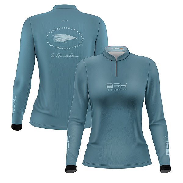 Camisa de Pesca Feminina Brk Offshore Gear Iscas Azul com Proteção Solar UV50+