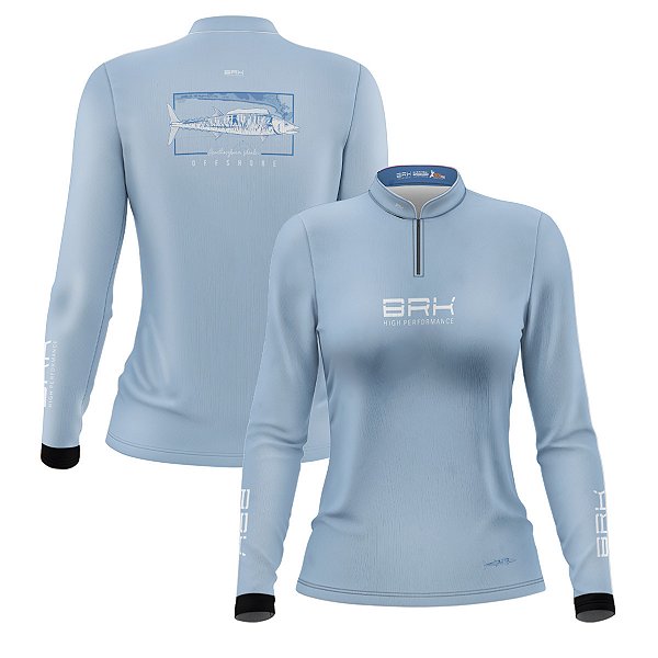 Camisa de Pesca Feminina Brk Cavala Mapa Náutico Azul Claro com Proteção Solar UV50+