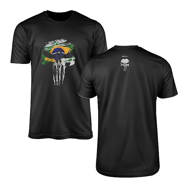 Camiseta Militar Brk Caveira Punisher Estilizada do Brasil Desgastada com Algodão Premium