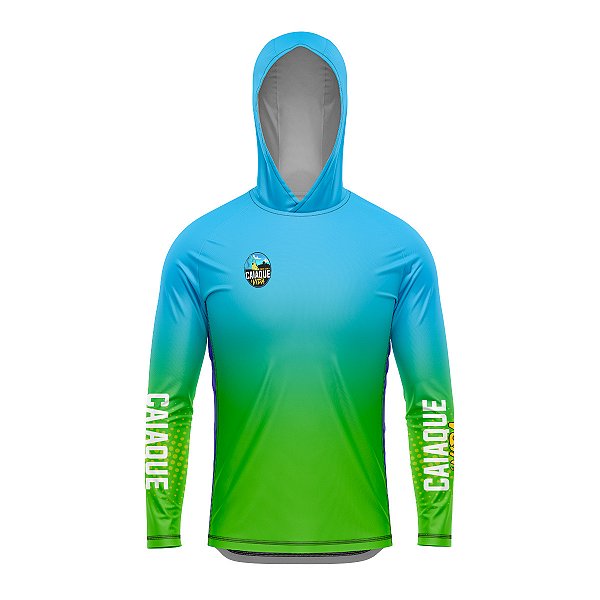 Camisa de Pesca com Capuz Brk Caiaque é Vida Verde e Azul Turquesa com Proteção UV50+