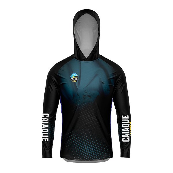 Camisa de Pesca com Capuz Brk Caiaque é Vida Preto e Azul Turquesa com Proteção UV50+