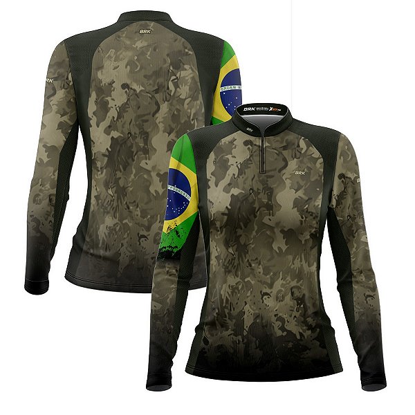 Camisa Agro Feminina Brk Camuflada Bandeira do Brasil com Proteção Solar UV50+