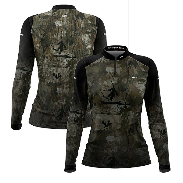 Camisa Agro Feminina Brk Camuflada Verde Folhas com Proteção Solar UV50+