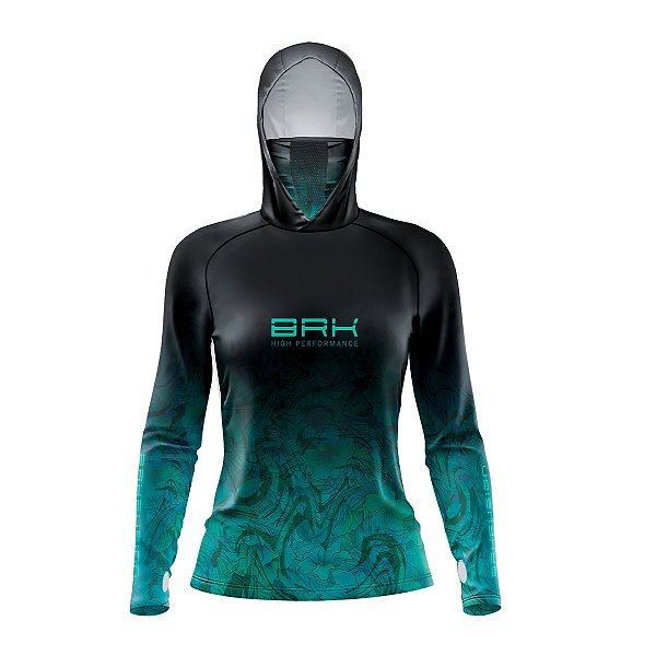 Camisa FusionX Feminina Brk Deep Azul Turquesa com Capuz e Proteção Solar UV50+