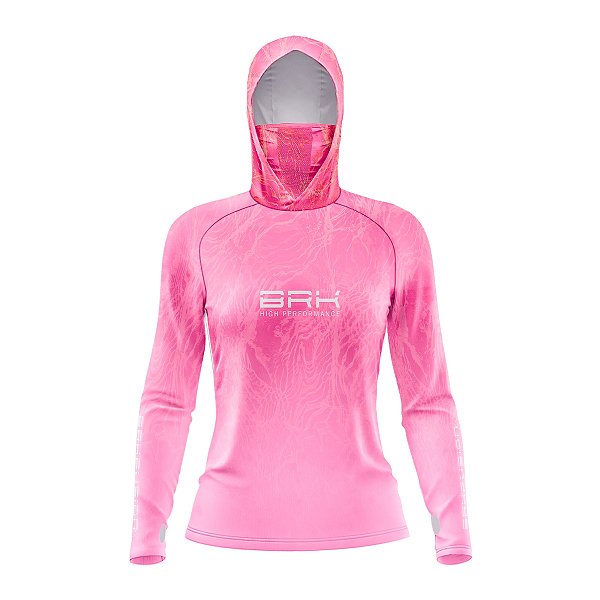 Camisa FusionX Feminina Brk Clean Efeito Água Laranja Rosa com Capuz e Proteção Solar UV50+