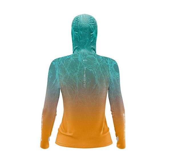 Camisa FusionX Feminina Brk Deep Azul Laranja com Capuz e Proteção Solar UV50+