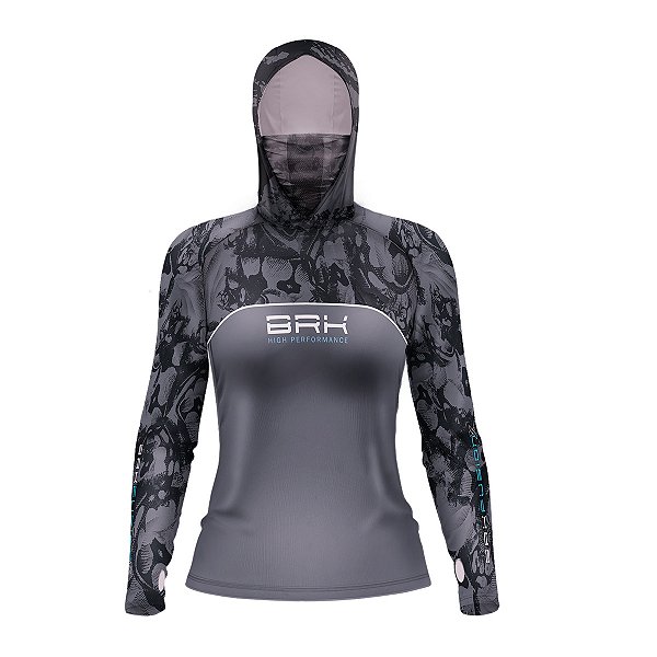 Camisa FusionX Feminina Brk Deep Cinza Camuflado com Capuz e Proteção Solar UV50+