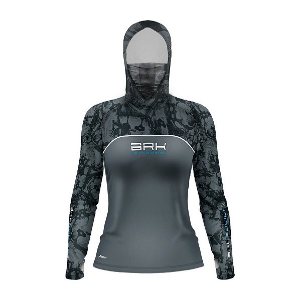 Camisa FusionX Feminina Brk Deep Camuflada Parcial Cinza com Capuz e Proteção UV50+