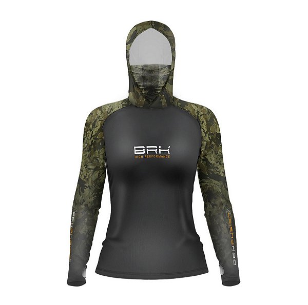 Camisa FusionX Feminina Brk Camuflada Verde Preto Capuz e Proteção UV50+