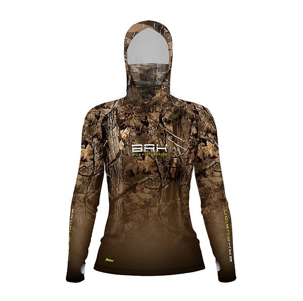 Camisa FusionX Feminina Brk Hunter Camuflada Galhos Marrom com Capuz e Proteção UV50+