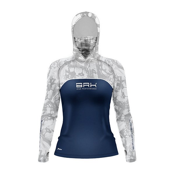 Camisa FusionX Feminina Brk Deep Camuflada Branco Azul com Capuz e Proteção UV50+