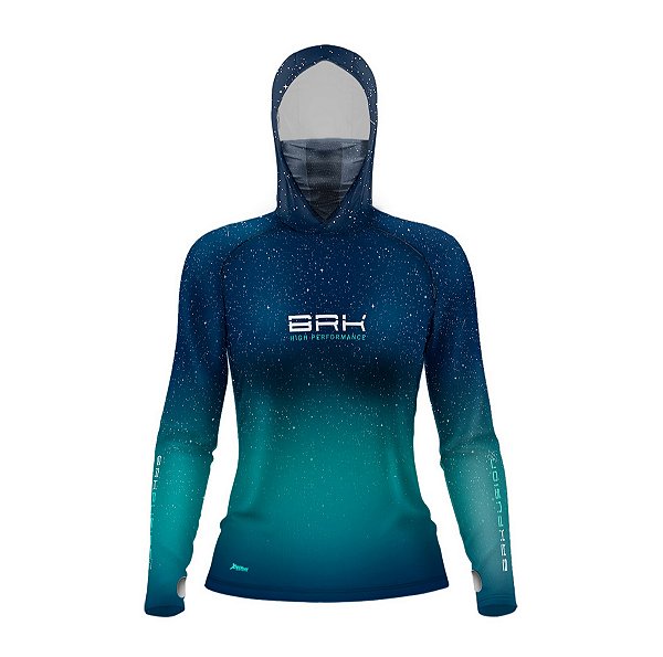 Camisa FusionX Feminina Brk Azul Celeste Estrelas com Capuz e Proteção UV50+