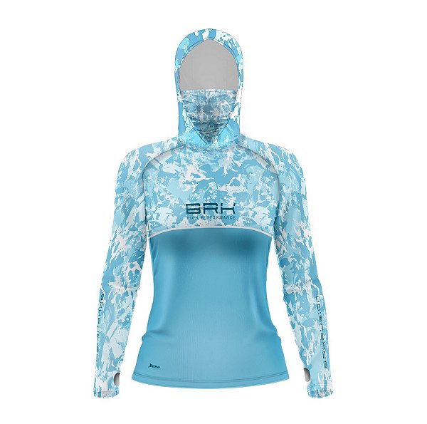 Camisa FusionX Feminina Brk Marine Azul Claro com Capuz e Proteção UV50+