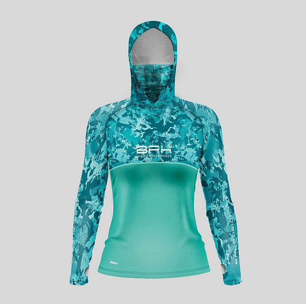 Camisa FusionX Feminina Brk Camuflada Verde Água com Capuz e Proteção UV50+