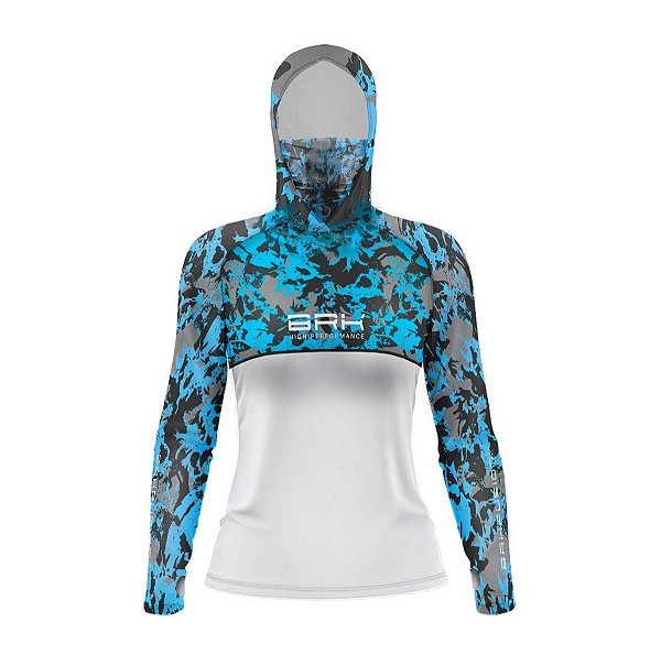 Camisa FusionX Feminina Brk Marine Camuflada Azul Branco com Capuz e Proteção UV50+