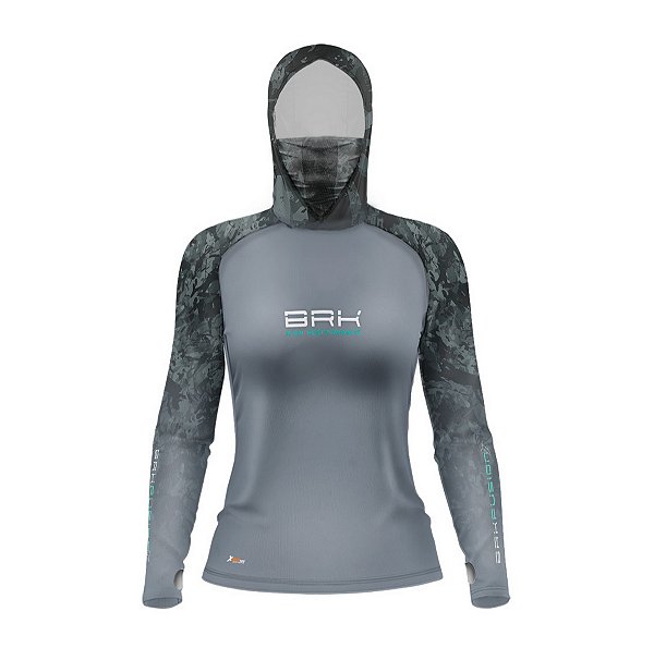 Camisa FusionX Feminina Brk Camuflado Preto Cinza com Capuz e Proteção UV50+