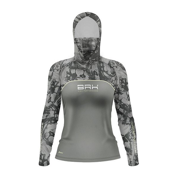 Camisa FusionX Feminina Brk Deep Cinza Camuflado com Capuz e Proteção UV50+