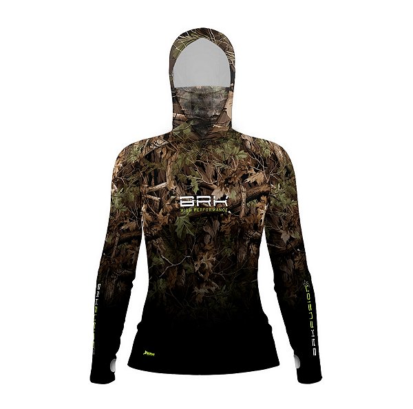 Camisa FusionX Feminina Brk Hunter Camu Floresta Preta com Capuz e Proteção UV50+