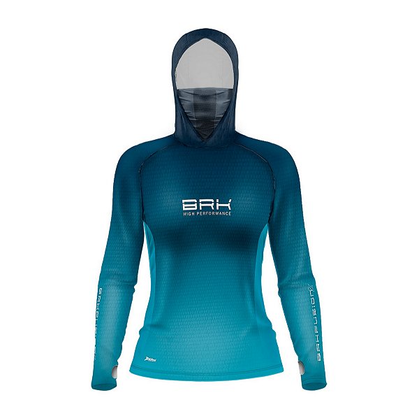Camisa FusionX Feminina Brk Clean Azul Escuro com Capuz e Proteção UV50+