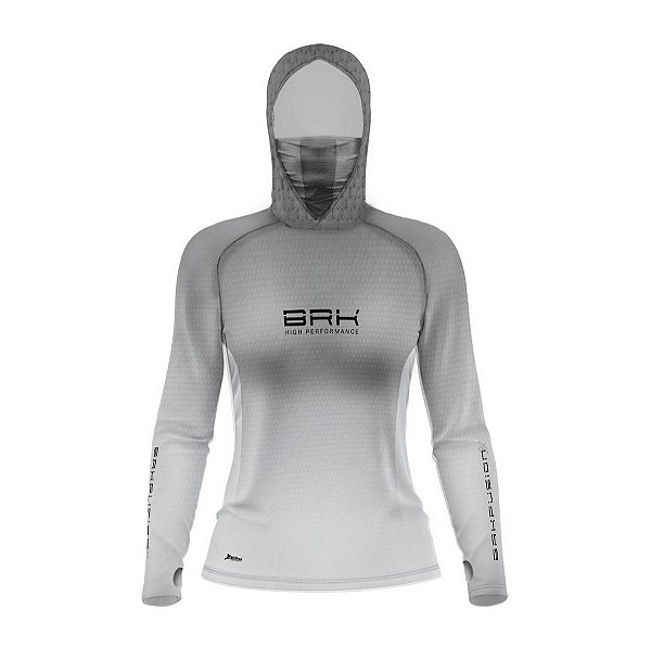 Camisa FusionX Feminina Brk Clean Branca e Cinza com Capuz e Proteção UV50+