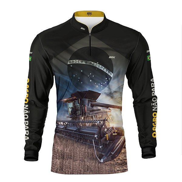 Camisa Agro Brk Preta Colheitadeira Bandeira do Brasil com Proteção Solar UV50+
