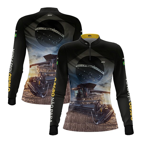 Camisa Agro Feminina Brk Preta Colheitadeira Bandeira do Brasil com Proteção Solar UV50+