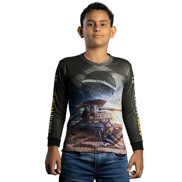 Camisa Agro Infantil Brk Preta Colheitadeira Bandeira do Brasil com Proteção Solar UV50+
