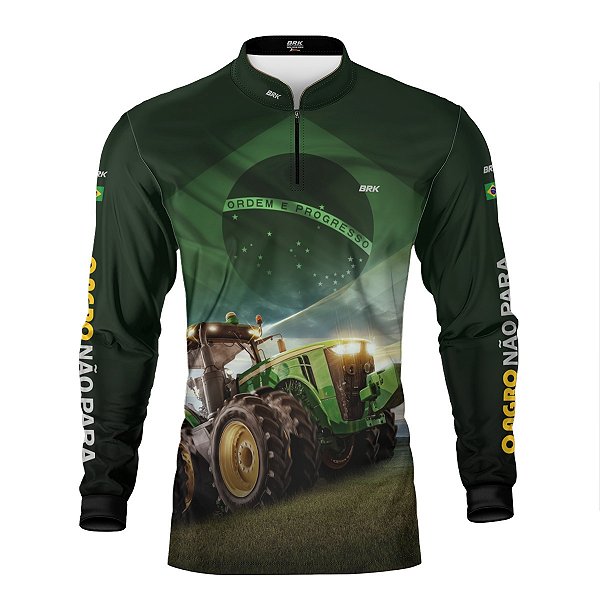 Camisa Agro Brk Verde Trator Bandeira do Brasil com Proteção Solar UV50+