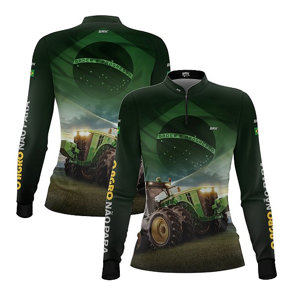 Camisa Agro Feminina Brk Verde Trator Bandeira do Brasil com Proteção Solar UV50+